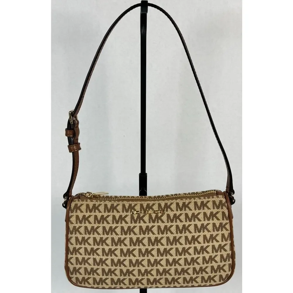 Michael Kors MK Logo Jacquard Shoulder Bag Brown Beige Gold Tone Hardware